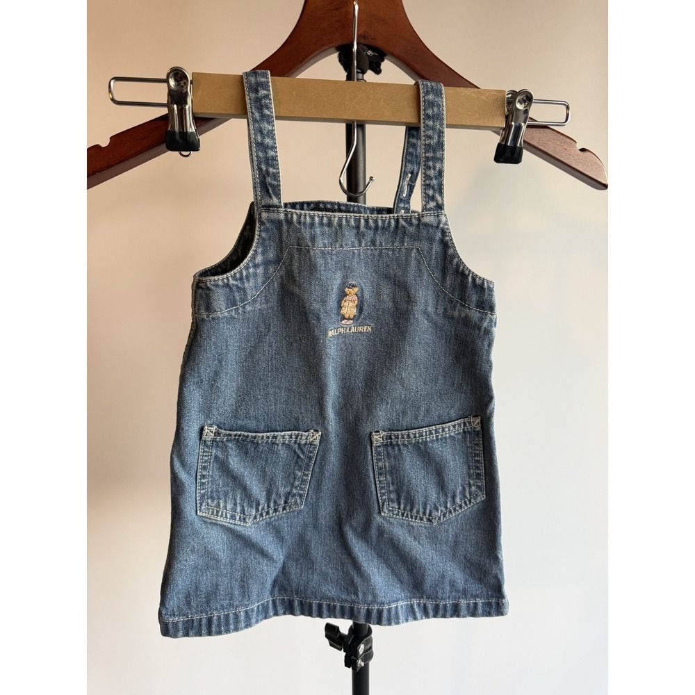 Ralph Lauren Denim Dress Baby 2T Embroidered Bear Pockets Snap Buttons
